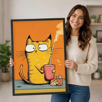 Smiling woman holding a large black-framed canvas print of a grumpy yellow cat with a pink coffee cup, showing print size, frame quality, and vibrant cartoon illustration detail up close