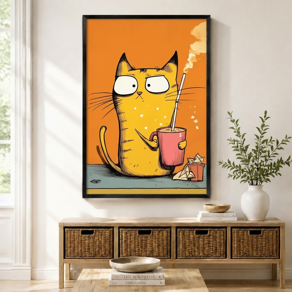 Whimsical cartoon illustration of a grumpy yellow cat holding a pink coffee cup with a straw on a bold orange background, in expressive hand-drawn comic style