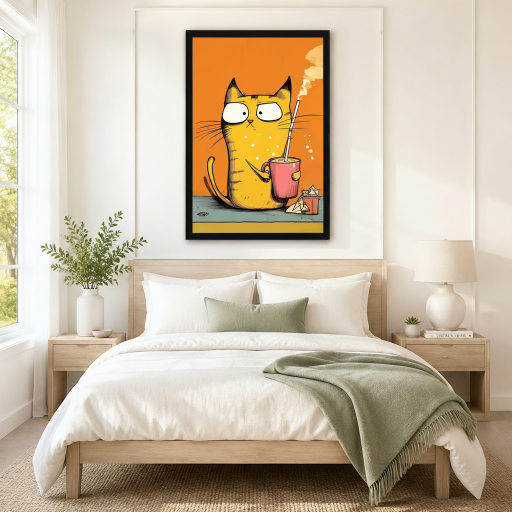 Oversized black-framed canvas of a deadpan yellow cat holding a pink coffee cup with a straw in bold comic illustration style, mounted as a playful statement piece above a neutral linen bed in a serene minimalist bedroom