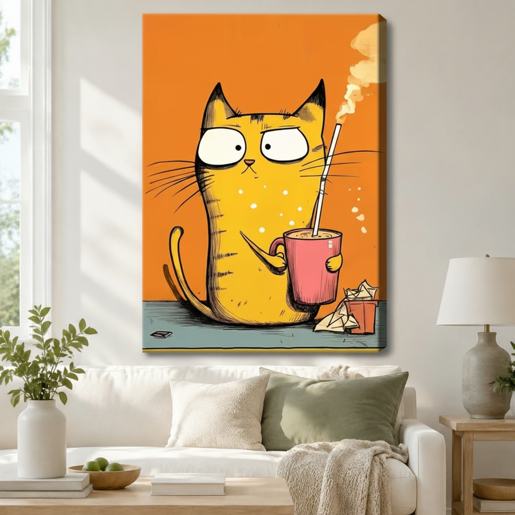 Black-framed canvas print of a grumpy yellow cat clutching a pink coffee mug with a straw on a vibrant orange background, displayed above a rattan storage console in a bright modern entryway
