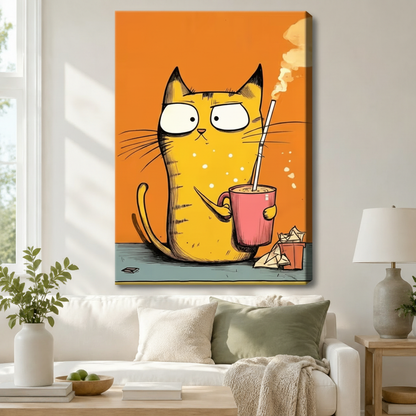 Black-framed canvas print of a grumpy yellow cat clutching a pink coffee mug with a straw on a vibrant orange background, displayed above a rattan storage console in a bright modern entryway
