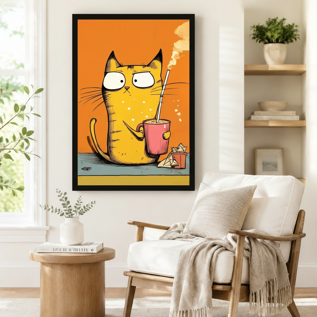 Gallery wrap canvas of a deadpan yellow cartoon cat holding a steaming pink coffee cup in bold hand-drawn style, hung above a white linen sofa adding playful pop-art energy to a neutral living room