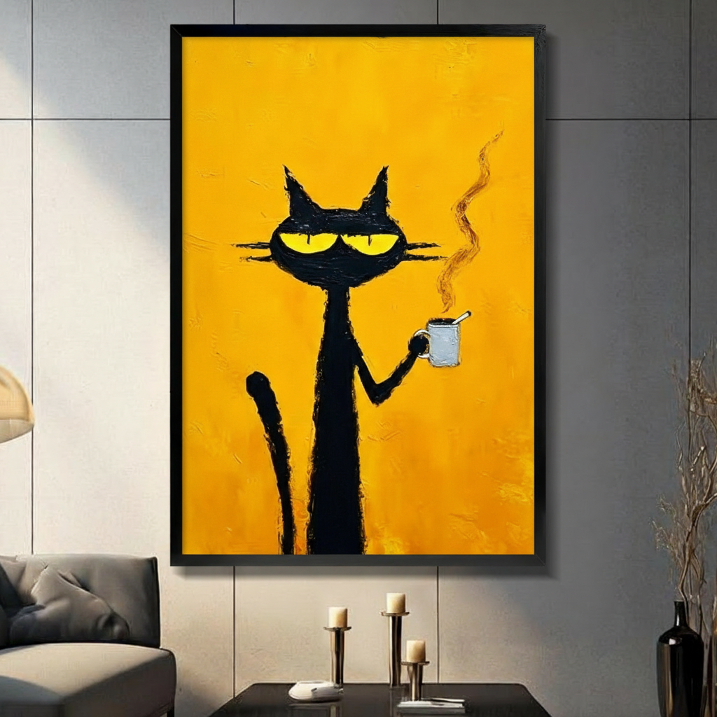 Expressionist black cat with glowing yellow eyes holding a steaming white coffee mug, bold orange-yellow oil painting style canvas wall art in black frame, displayed above a dark gray sofa with pillar candles and black vase against a gray paneled wall