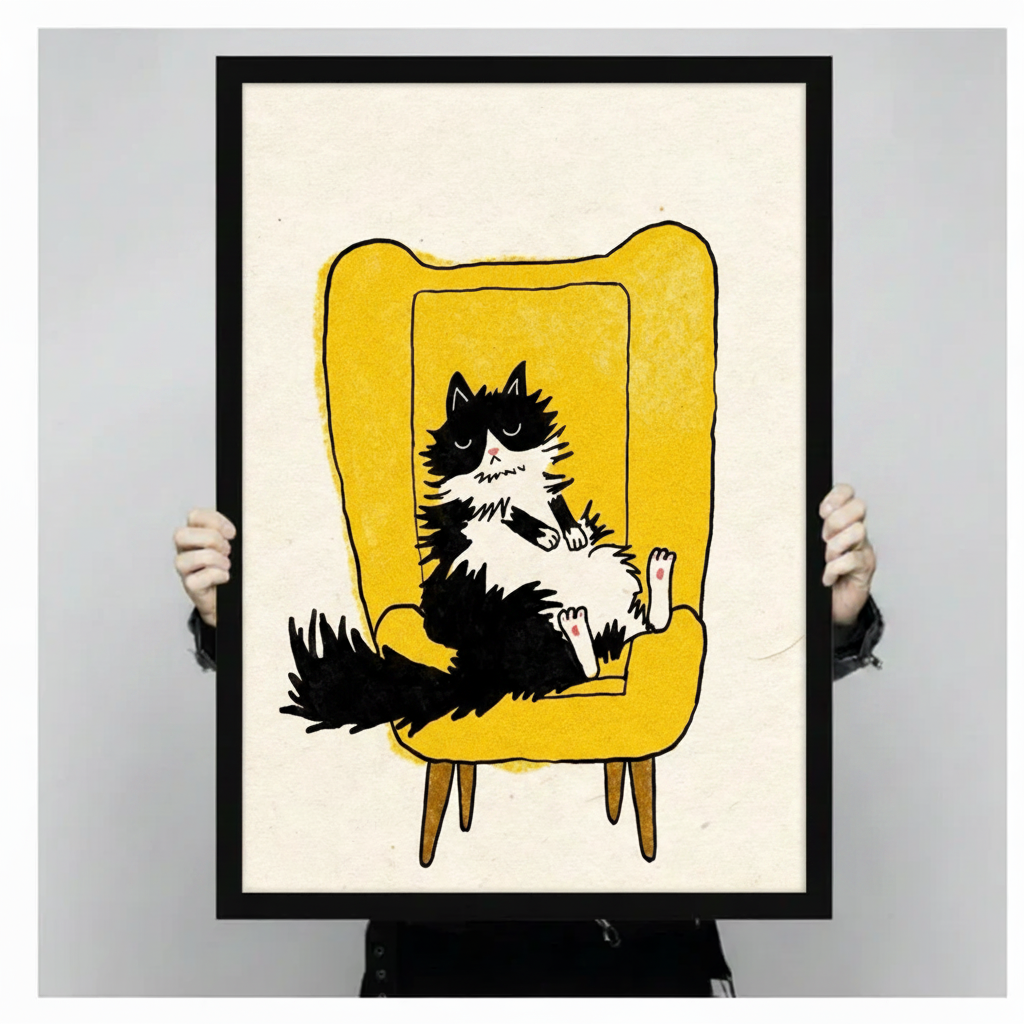 Grumpy cat framed canvas art hand-held product shot on neutral grey background