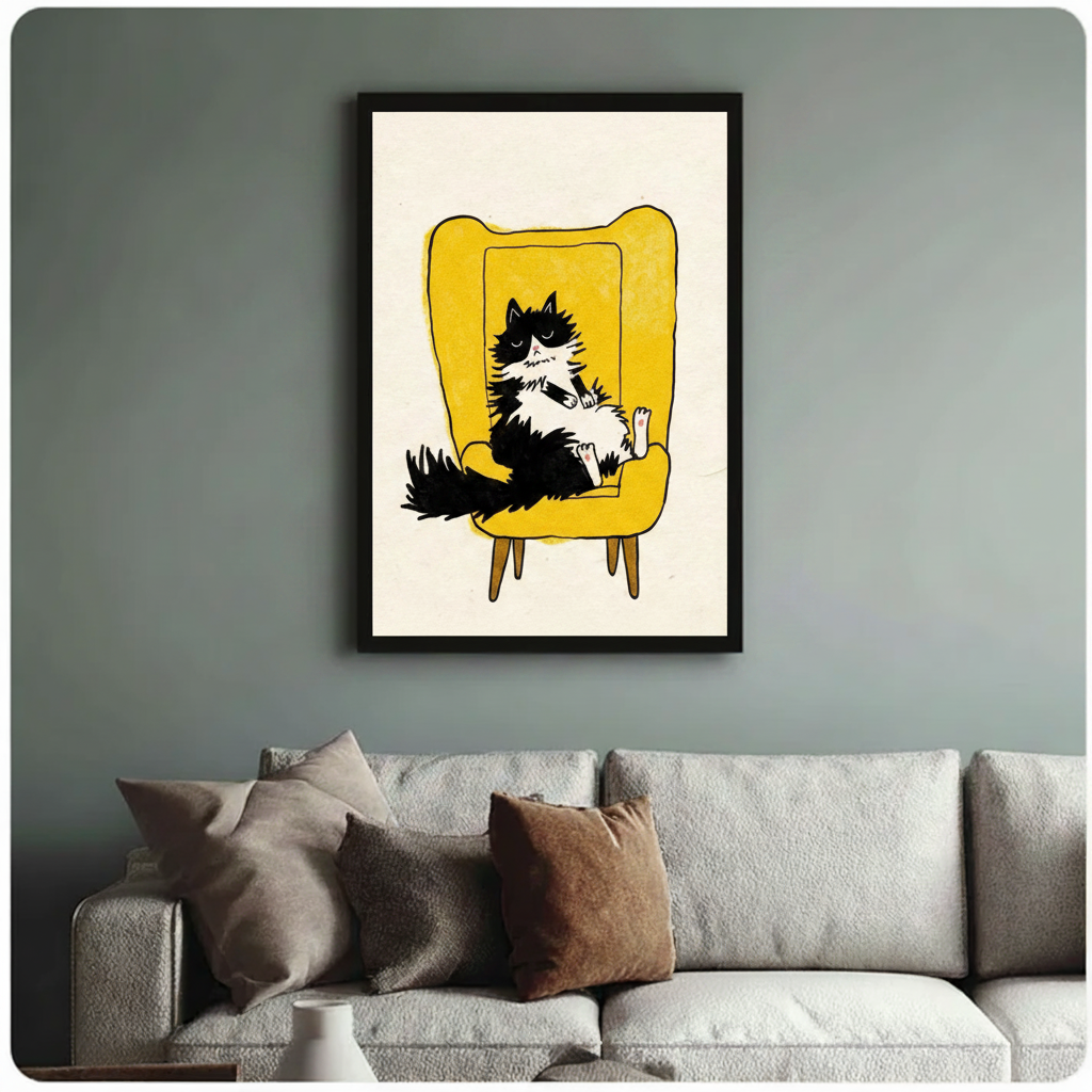 Grumpy cat framed wall art on sage green wall with light-toned sofa in living room