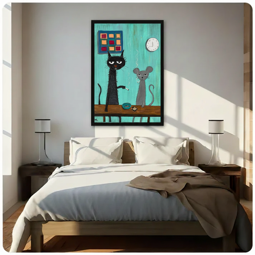Grumpy cat mouse smoking canvas wall art size guide showing 9 options from 8x12 to 34x51 inches — framed and stretched