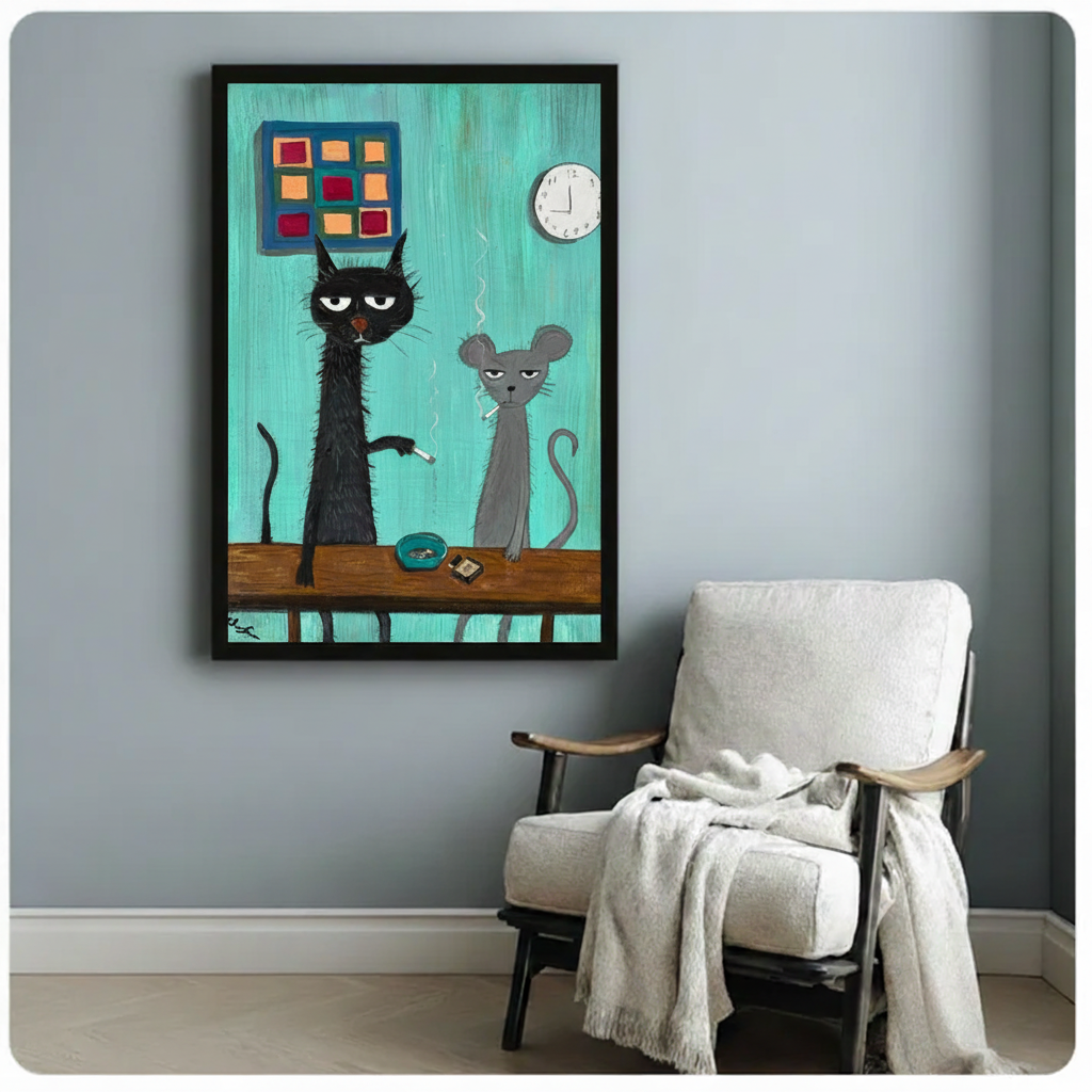 Black cat and mouse canvas print in light blue-gray room with white armchair — premium funny cat wall decor