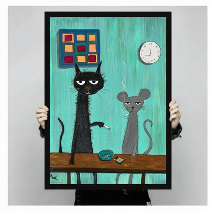 Grumpy cat mouse smoking framed canvas held up by hands — gallery quality humorous cat art print