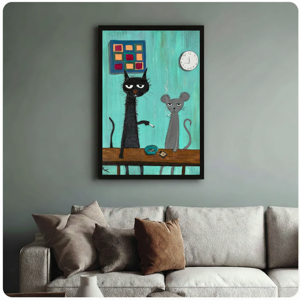 Grumpy cat mouse smoking framed canvas on sage green wall with beige sofa — bold funny living room wall art