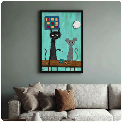 Grumpy cat mouse smoking framed canvas on sage green wall with beige sofa — bold funny living room wall art