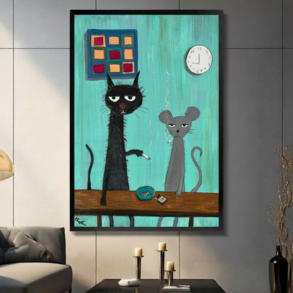 Grumpy black cat and mouse smoking canvas wall art in dark gray tile living room with sofa — funny cat home decor