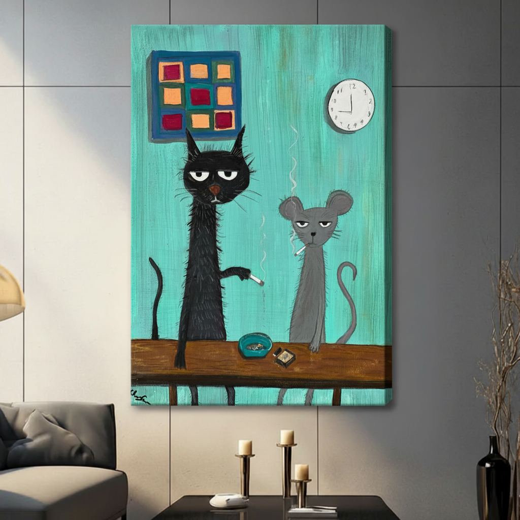 Funny black cat mouse stretched canvas gallery wrap with visible depth — humorous eclectic wall art for cat lovers