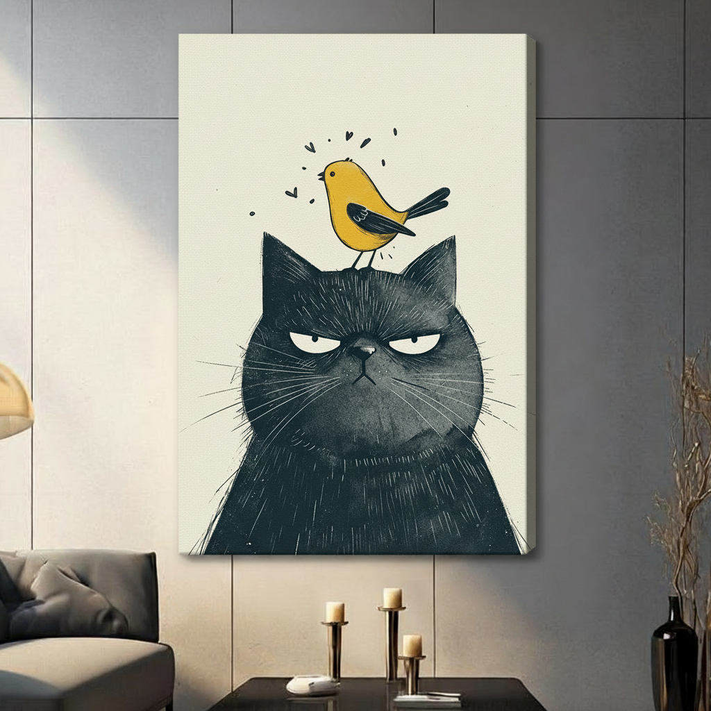 Stretched canvas print of a grumpy black cat and yellow bird illustration, frameless gallery wrap, hung on grey wall in modern interior