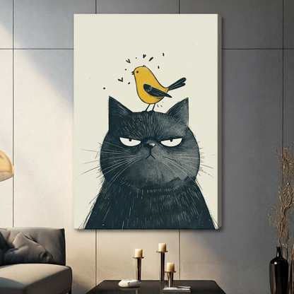 Stretched canvas print of a grumpy black cat and yellow bird illustration, frameless gallery wrap, hung on grey wall in modern interior
