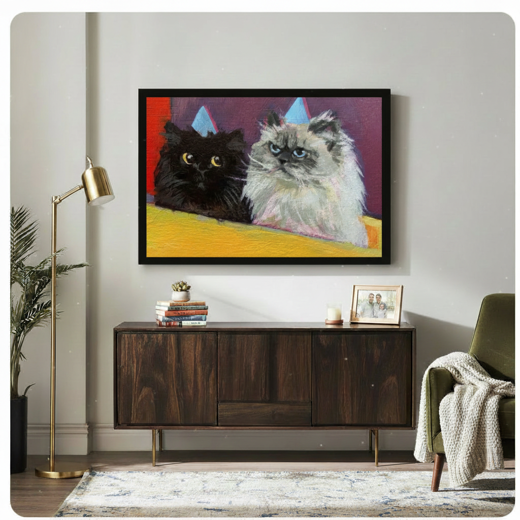 grumpy cats party hats framed canvas dark wood sideboard gold lamp eclectic interior