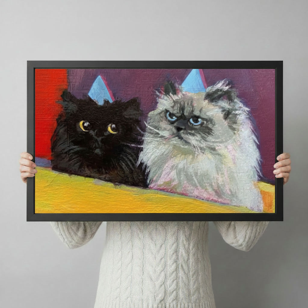 grumpy cats party hats canvas print hands holding black frame gift idea