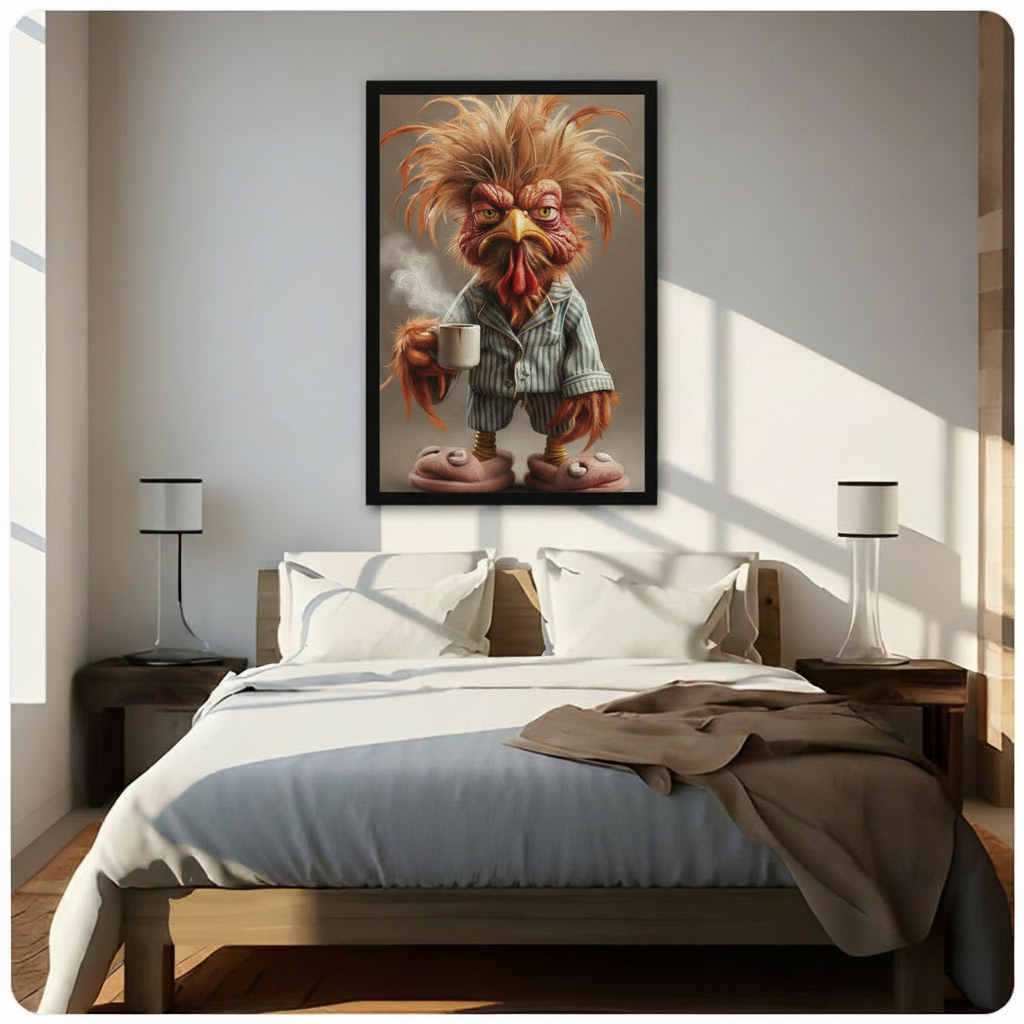 Whimsical framed wall art of a cranky rooster in striped pajamas and slippers with a steaming coffee cup, displayed above a linen armchair in a light-toned reading nook