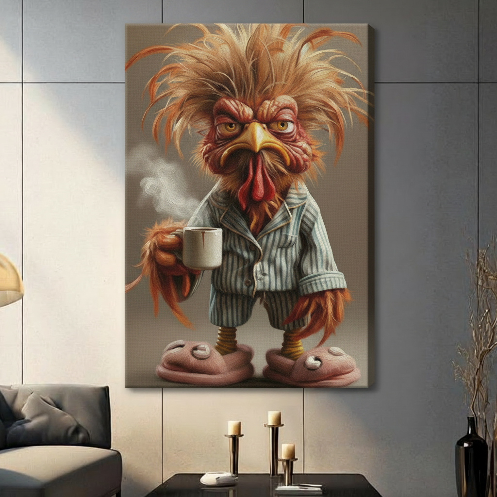 Person holding a black-framed humorous art print featuring a grouchy rooster with wild feathers in striped pajamas clutching a hot coffee cup