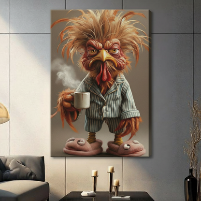 Person holding a black-framed humorous art print featuring a grouchy rooster with wild feathers in striped pajamas clutching a hot coffee cup