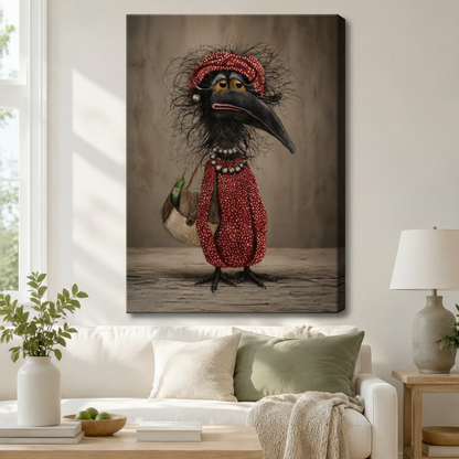 Whimsical grumpy crow woman in red dotted outfit with handbag gallery wrapped canvas print displayed above white sofa in bright living room