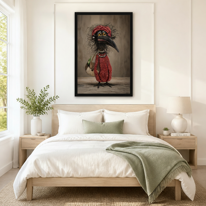 Quirky grumpy crow woman in red polka dot outfit black framed art print above neutral linen bed in serene Scandinavian bedroom

