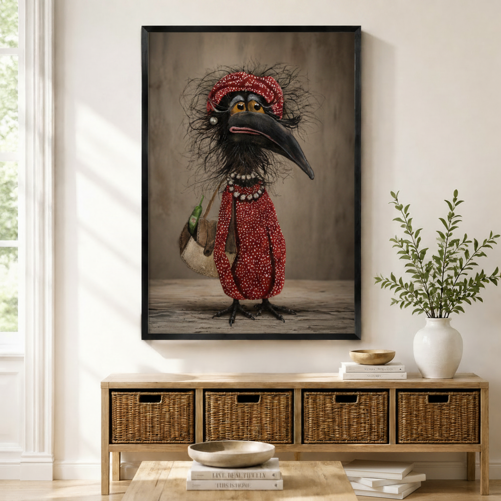 Grumpy crow lady in red polka dot dress with pearl necklace black framed wall art print hung above wicker storage console in boho entryway