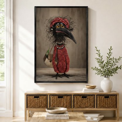 Grumpy crow lady in red polka dot dress with pearl necklace black framed wall art print hung above wicker storage console in boho entryway