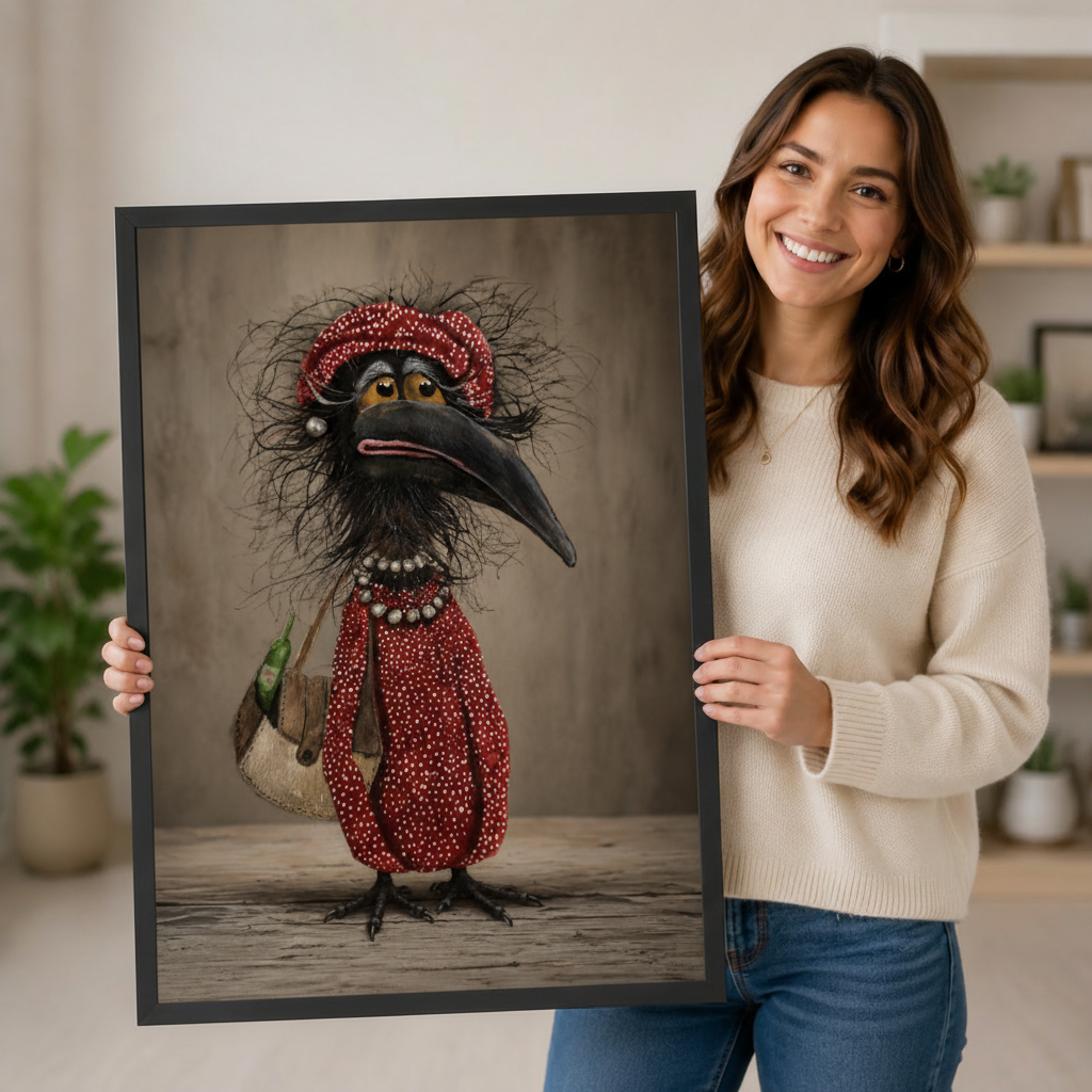 Woman smiling holding large framed grumpy crow lady wall art print featuring black crow in red dotted dress with pearl necklace and handbag