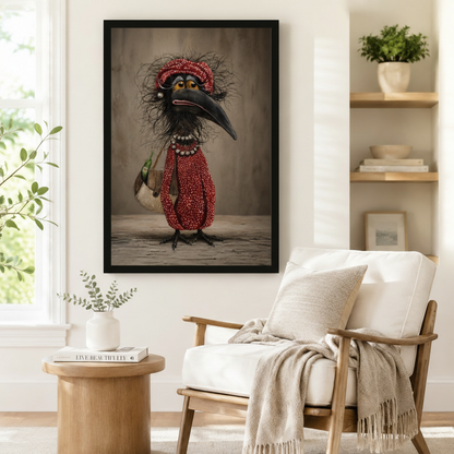 Funny grumpy crow lady in red polka dot dress black framed poster beside armchair in minimalist Scandinavian reading corner