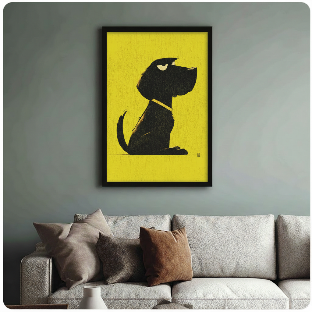 Black framed grumpy dog yellow background canvas print hanging above a cream sofa on a sage blue-grey living room wall