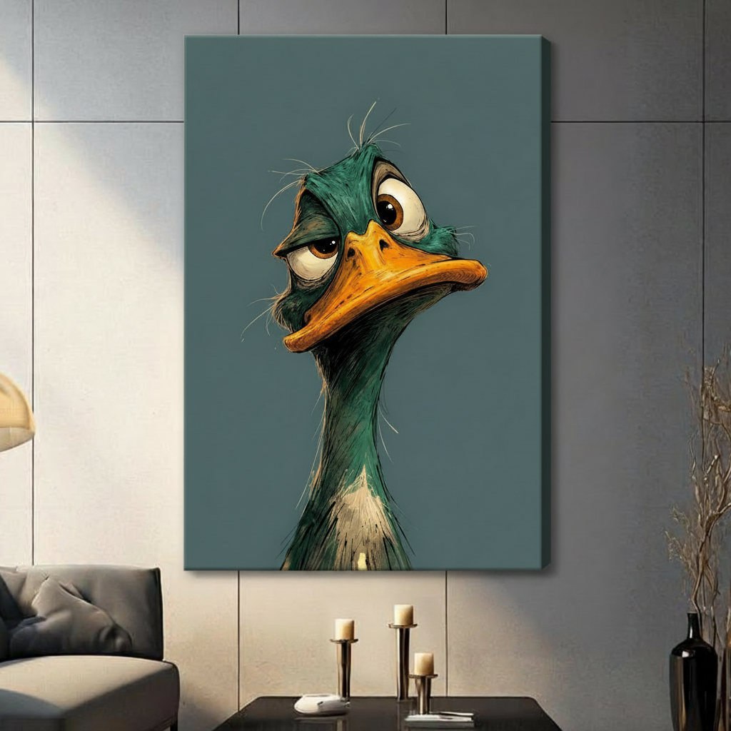 Whimsical character illustration oil painting of a bleary-eyed grumpy mallard duck in portrait view with messy dark green plumage heavy drooping eyelids a flat wide orange beak and cream neck feathers against a cool blue-gray background humorous bird wall art stretched canvas in a living room with dark gray panel wall dark sofa and black vase