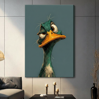 Whimsical character illustration oil painting of a bleary-eyed grumpy mallard duck in portrait view with messy dark green plumage heavy drooping eyelids a flat wide orange beak and cream neck feathers against a cool blue-gray background humorous bird wall art stretched canvas in a living room with dark gray panel wall dark sofa and black vase