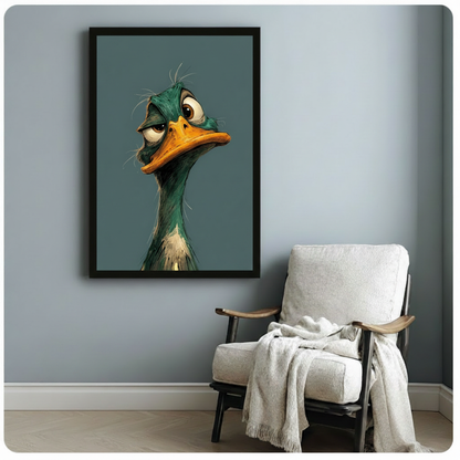 Whimsical character illustration oil painting of a tired grumpy mallard duck in close-up with disheveled dark green head feathers heavy-lidded brown eyes a wide flat orange bill and a long slender neck with cream chest plumage against a flat blue-gray background funny duck wall art framed print beside a white linen armchair on a blue-gray wall