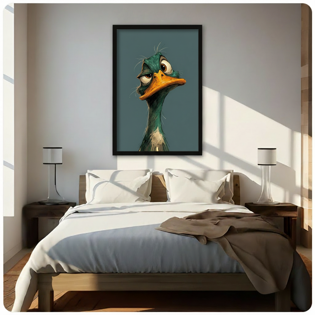 Whimsical character illustration oil painting of a tired grumpy mallard duck in close portrait with ruffled dark green head feathers heavy-lidded brown eyes a wide orange bill and soft beige chest plumage on a plain blue-gray background relatable funny duck wall art framed print above a bedroom with white linen bedding and dark wood bedside tables