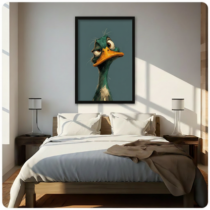 Whimsical character illustration oil painting of a tired grumpy mallard duck in close portrait with ruffled dark green head feathers heavy-lidded brown eyes a wide orange bill and soft beige chest plumage on a plain blue-gray background relatable funny duck wall art framed print above a bedroom with white linen bedding and dark wood bedside tables