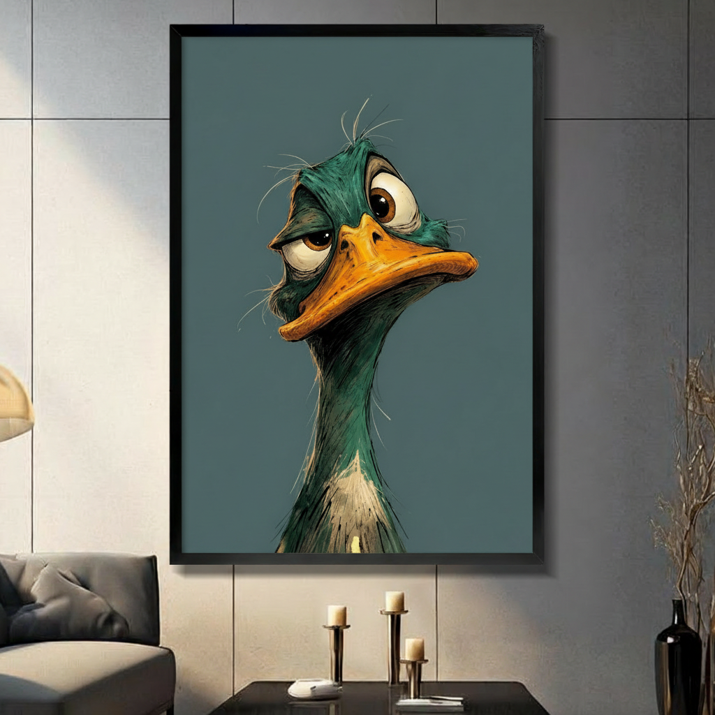 Whimsical character illustration oil painting of an exhausted grumpy mallard duck portrait with ruffled dark green feathers drooping heavy eyelids a broad orange beak and elongated neck with fluffy beige chest feathers on a muted blue-gray background quirky duck wall art framed print in a living room with dark gray panel wall dark sofa and black vase