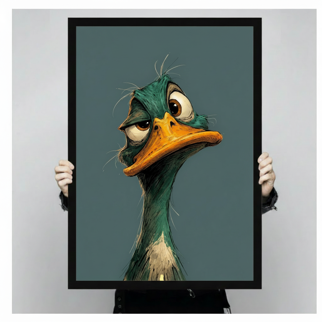 Whimsical character illustration oil painting of a weary grumpy mallard duck with tousled iridescent green head feathers half-closed brown eyes scattered fine whiskers and a thick orange bill on a long slender neck against a solid blue-gray background deadpan duck wall art framed print held against a light gray background