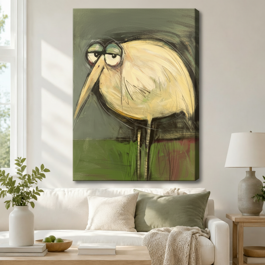 Gallery wrap canvas of quirky grumpy heron bird on olive green background hanging above white sofa with sage throw pillows in cozy living room