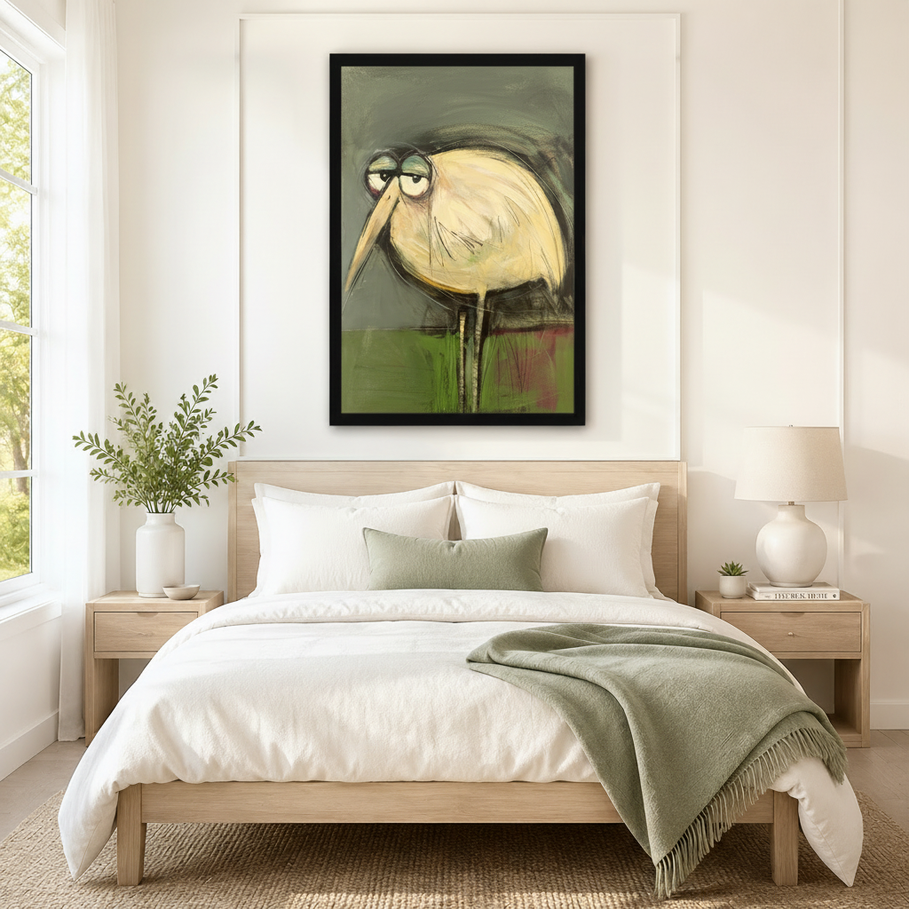 Quirky grumpy heron bird wall art in black frame hanging above neutral linen king bed with wooden nightstands in minimalist American bedroom