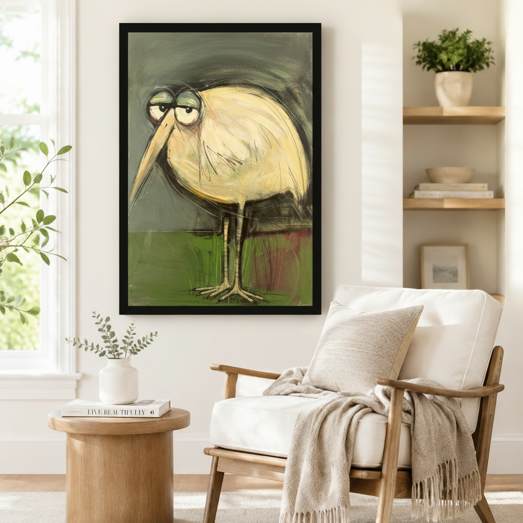 Black framed funny heron bird wall art print on dark green background beside wooden accent chair with linen throw in Scandinavian style reading nook