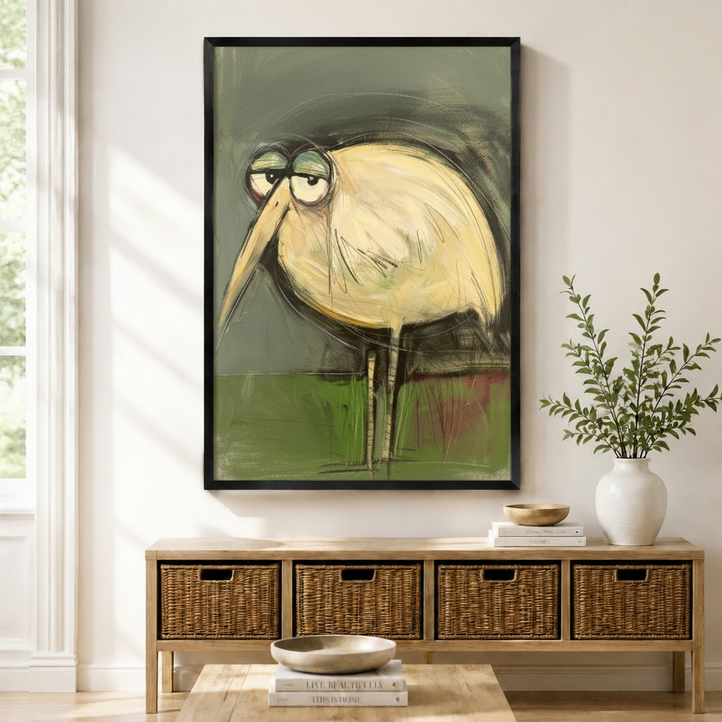 Framed grumpy heron bird painting on sage green background displayed above wicker basket console table in bright natural American entryway