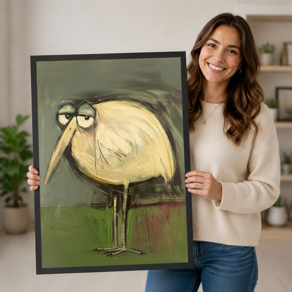 Smiling woman holding large black framed grumpy heron bird art print on sage green background in bright home interior lifestyle photo