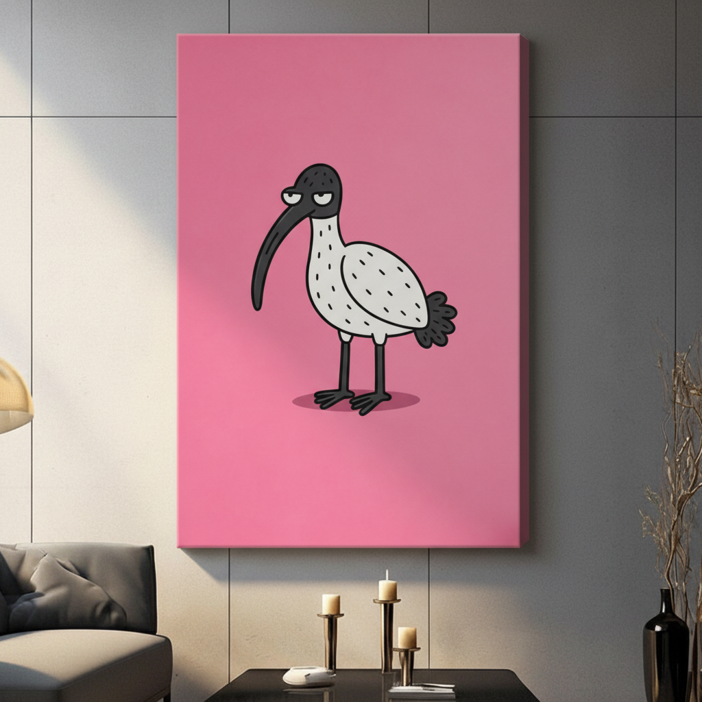 Gallery wrapped canvas of a sulky white ibis with a long curved beak and droopy eyes on a vibrant pink background, unframed wall art on a grey tiled wall above a console table with candle holders in a contemporary living room