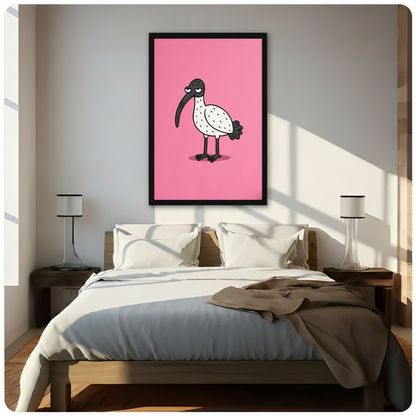 Black framed grumpy ibis cartoon pink wall art above a dark wood bed with white and grey linen bedding, a brown throw blanket, dark wood nightstands, and slim glass table lamps in a sunlit modern bedroom