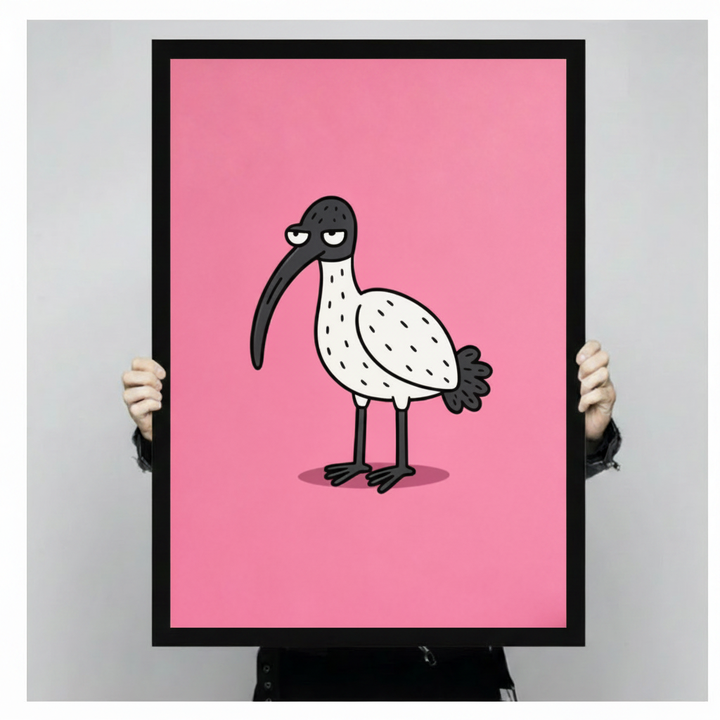 Person holding a black framed cartoon grumpy ibis with a curved beak on a bright pink background against a light grey backdrop, full front view of bold whimsical bird illustration wall art poster print