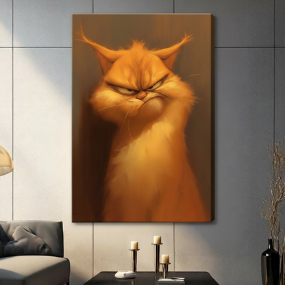 Gallery wrap stretched canvas of a funny grumpy orange cat portrait with thick oil painting texture hung frameless on a dark gray tiled wall above candlestick holders