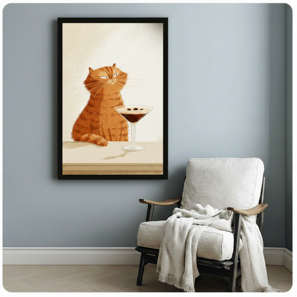 Black framed grumpy orange cat with cocktail glass canvas print beside linen armchair on blue-grey wall - humorous fat cat cocktail wall art with warm amber illustration for reading nook or bedroom decor