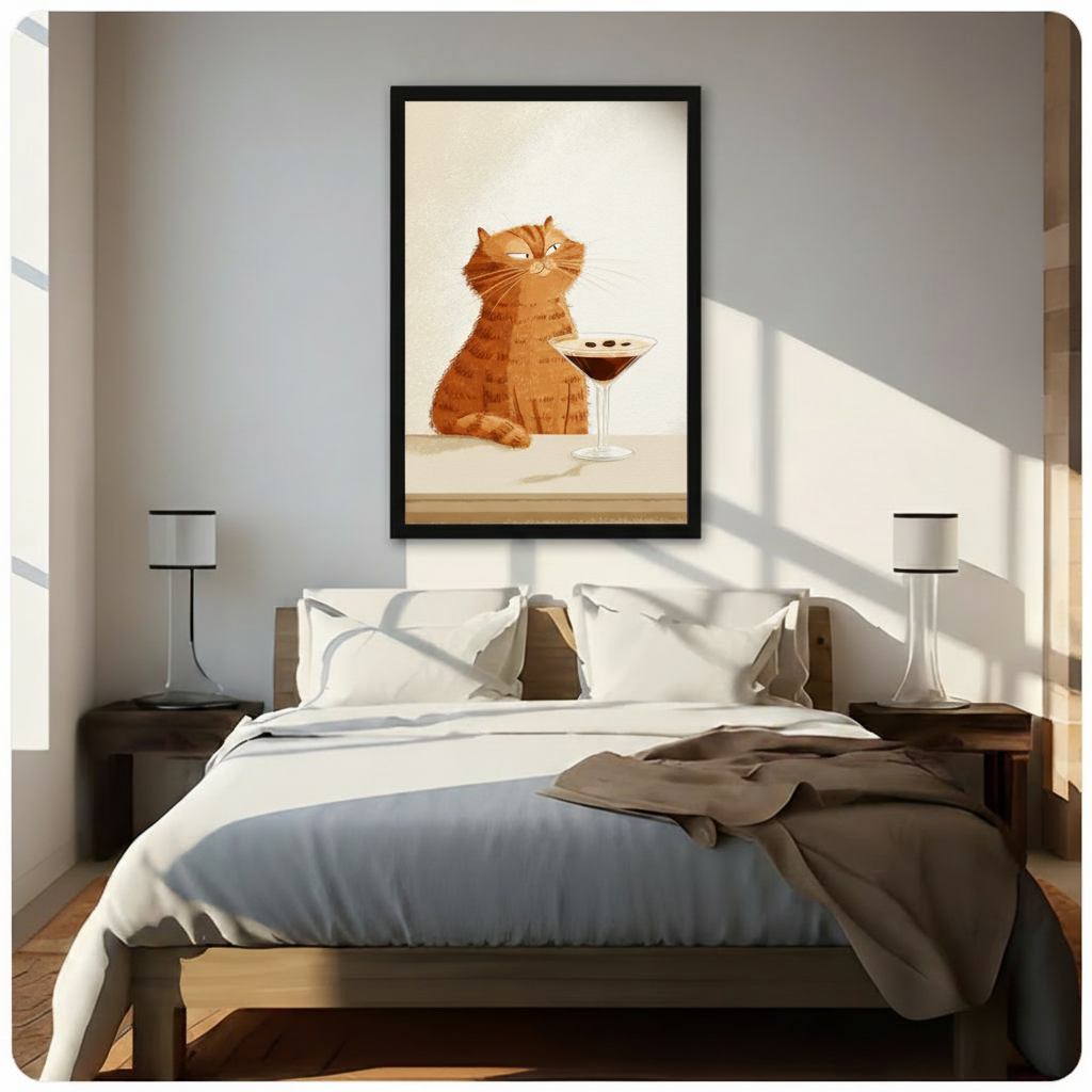 Framed grumpy orange tabby cat with cocktail glass illustration above wooden bed in sunlit minimalist bedroom - funny chubby cat cocktail canvas wall art with warm cream background for contemporary bedroom decor