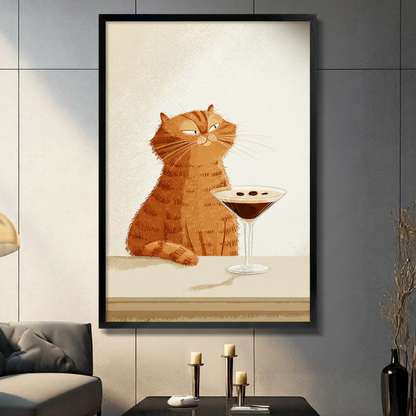 Framed grumpy orange cat with cocktail canvas print in dark modern living room - funny chubby cat cocktail wall art with warm amber tones and cream background for contemporary home decor