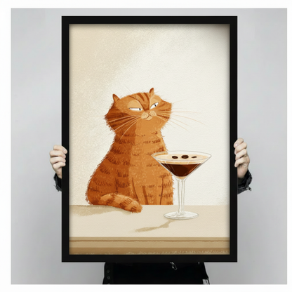 Person holding large framed grumpy orange cat cocktail canvas print with both hands - close up view of funny chubby tabby cat cocktail wall art showing warm amber tones and black frame finish